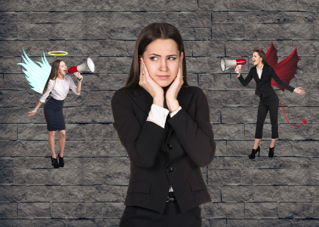 woman listening to good and bad