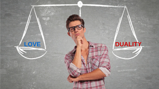 man pondering scale balancing love and duality