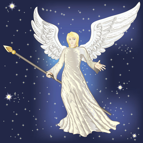 Illustration of angel in front of field of stars