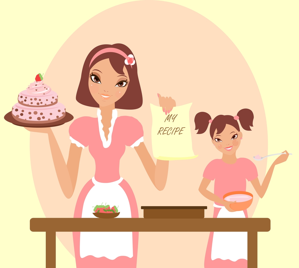 woman with completed cake recipe