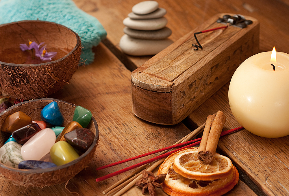 Candles, incense, crystals, and other items for meditation.