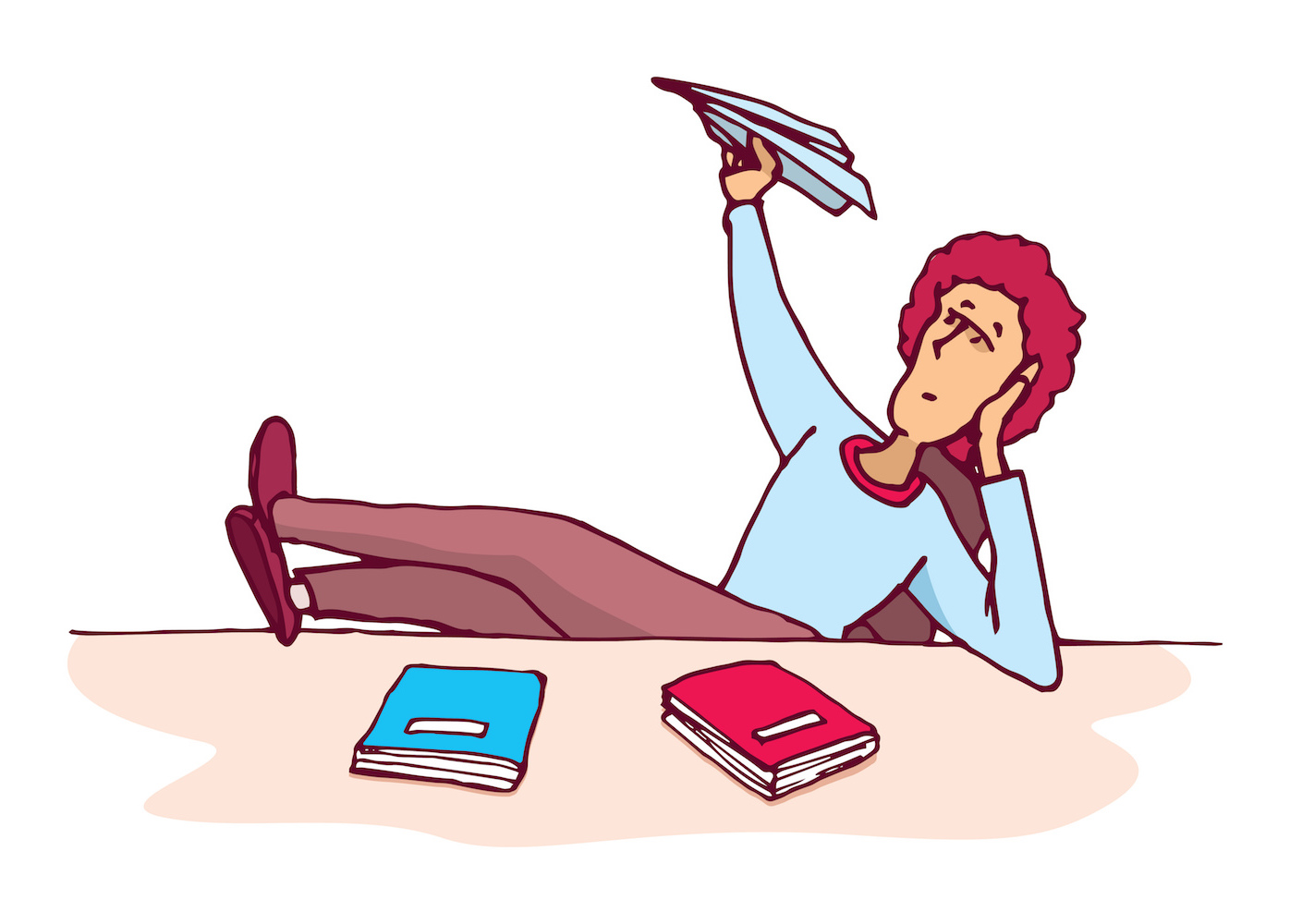 cartoon of bored woman making paper airplanes at desk