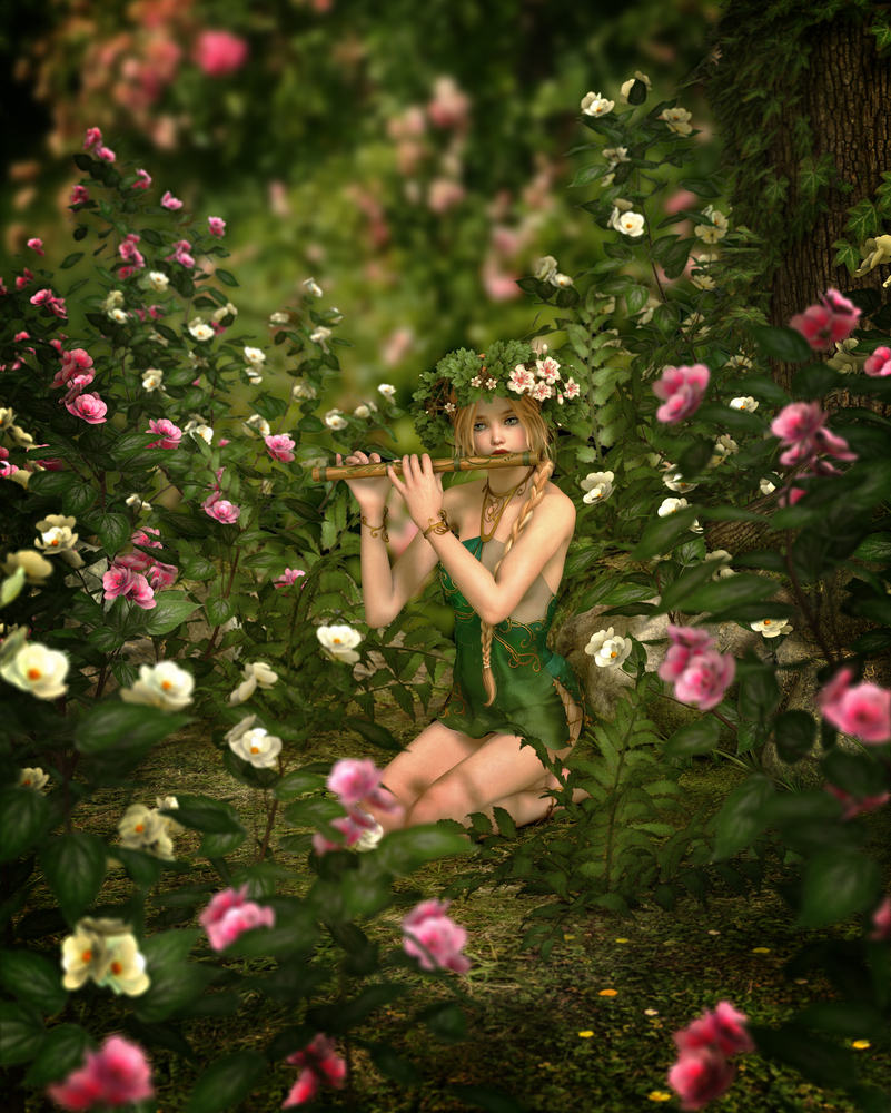 fairy playing flute among flowers