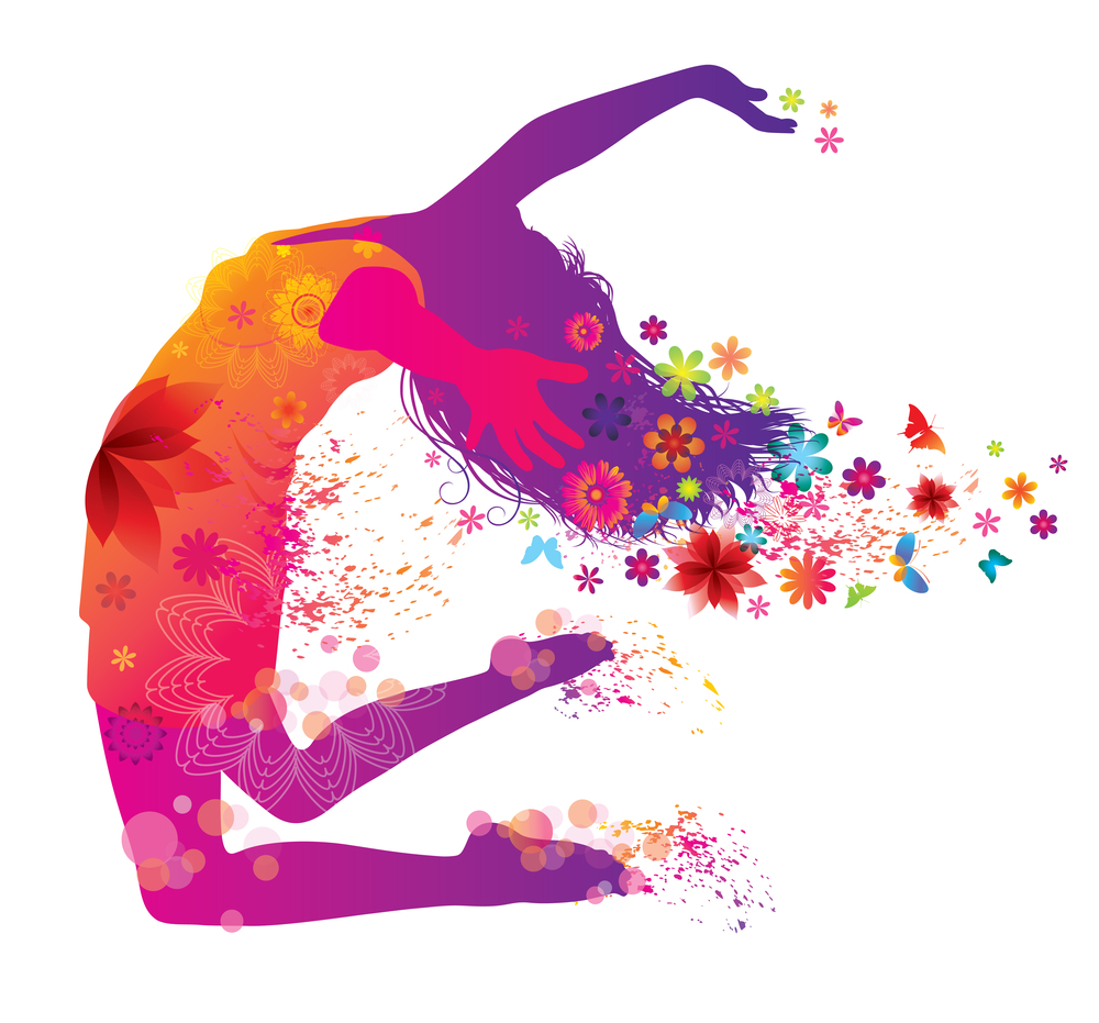 Creativity is important because it brings happiness and joy into your life - artistic stencil of woman with flowers jumping for joy