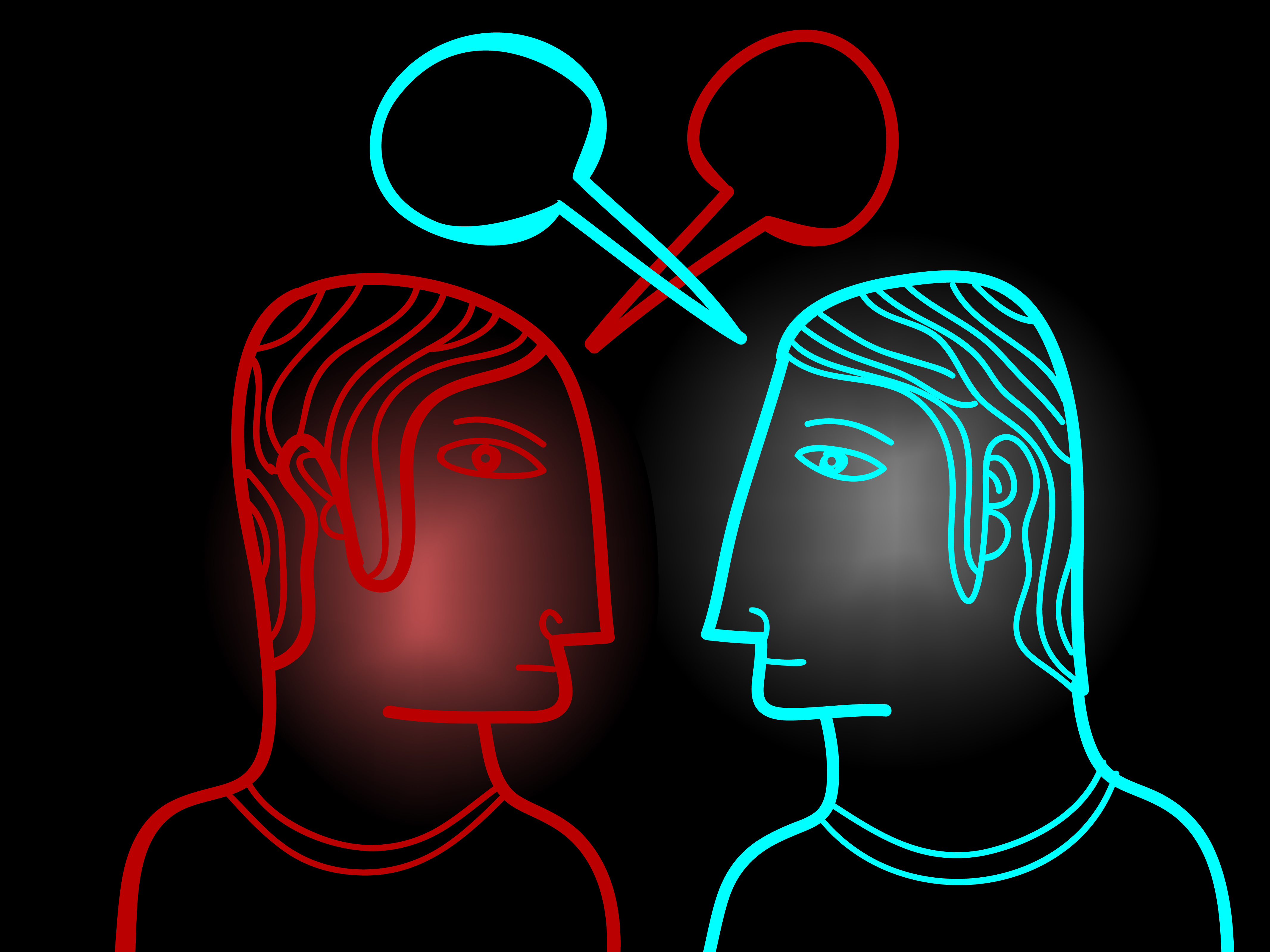 The ego tries to make you think it, the proverbial "voice in the head" is a real entity by interrupting your experience of divine energy. (Illustration of two heads speaking to each other.)