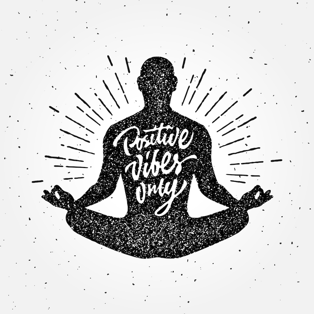 Graphic of meditating man with "Positive Vibes Only" written on chest. Positive energy, love, divinity, empowering