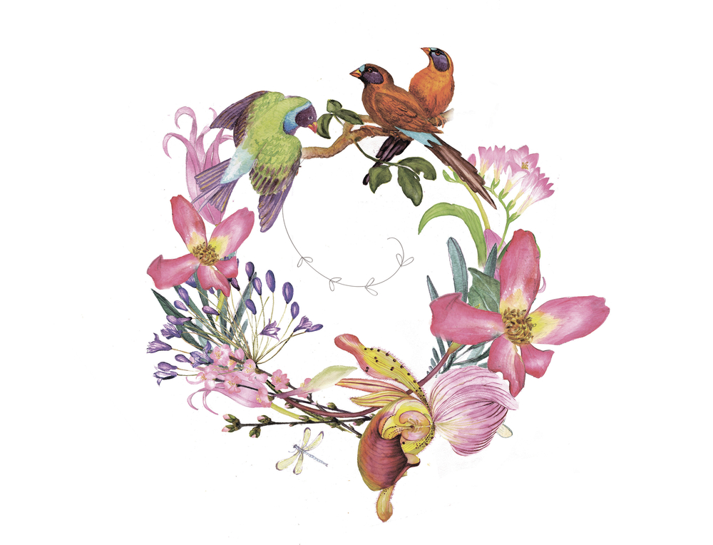 Beautiful drawing of birds and flowers symbolizing love, the heart, and self-acceptance
