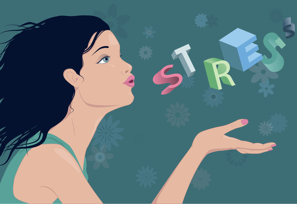 artwork of woman blowing the word "stress" away. Calm, relief from worry, releasing stress, positive attitude.
