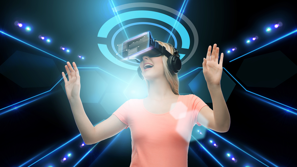 Woman wearing virtual reality goggles floating inside a digital world.