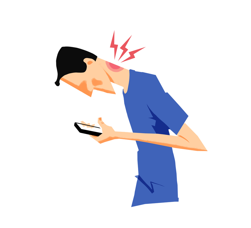 Cartoon of man bent over phone with neck pain. Technology makes us unconscious of our bodies and distracts us from our health.