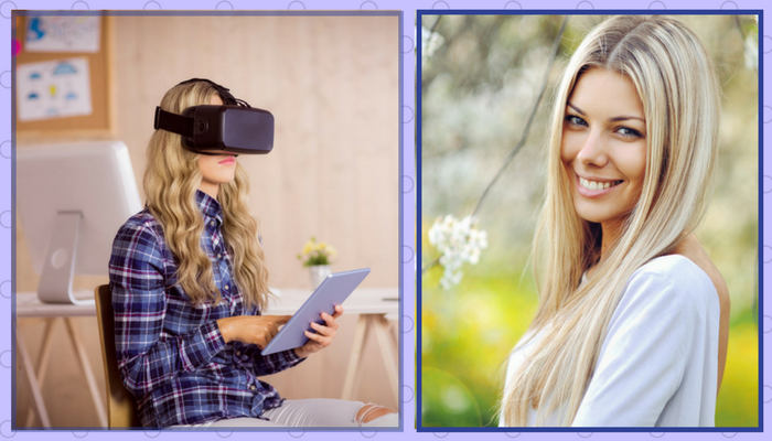 Stressed-looking woman absorbed in virtual reality goggles and a tablet computer juxtaposed with a happy, smiling, confident woman in nature. Humanity vs technology.