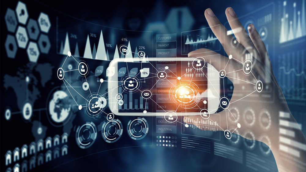 Hand holding digital device inside a virtual computer world. Nature vs machines, technology vs humanity, spirituality, screens and health.