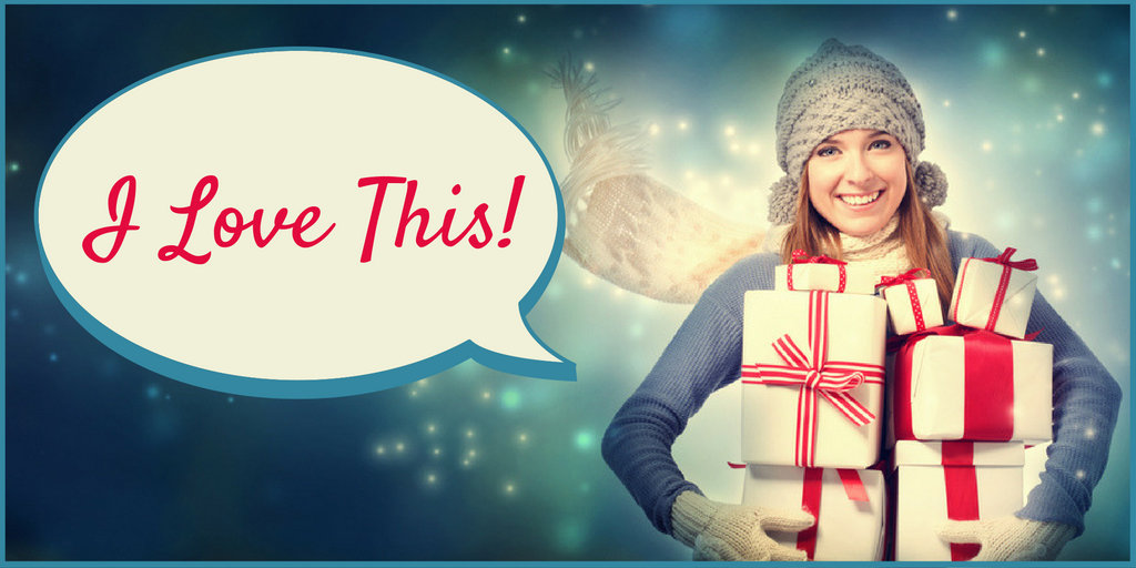Christmas happiness, enjoy the holidays, woman with presents saying "I love this!"