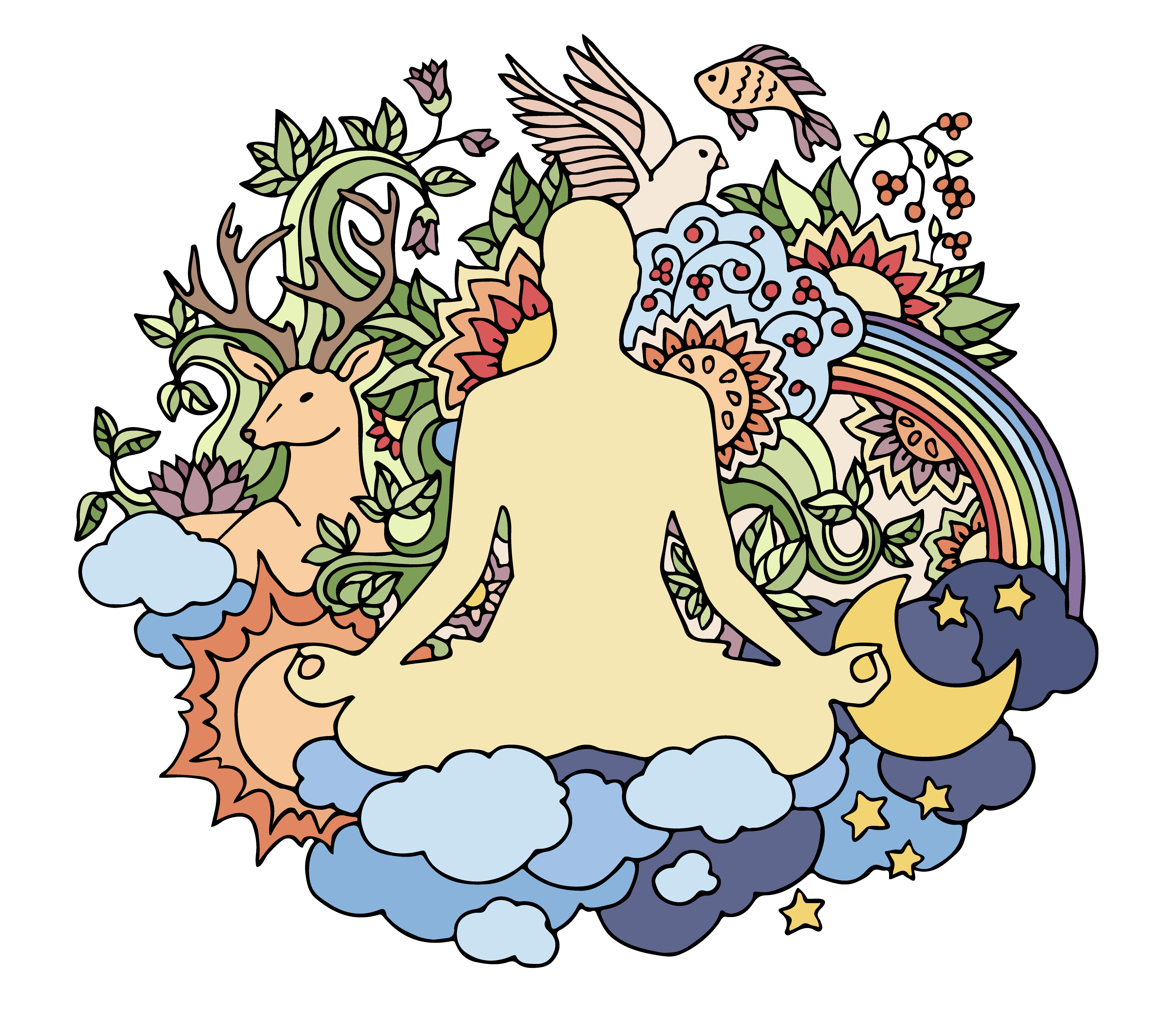 Drawing of human figure meditating with sun, moon, flora and fauna - peace of true nature and balance