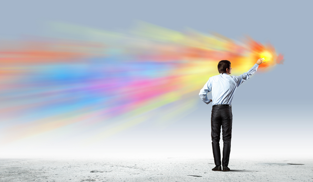 Man holding flash of light. Action, goals, energy, manifestation