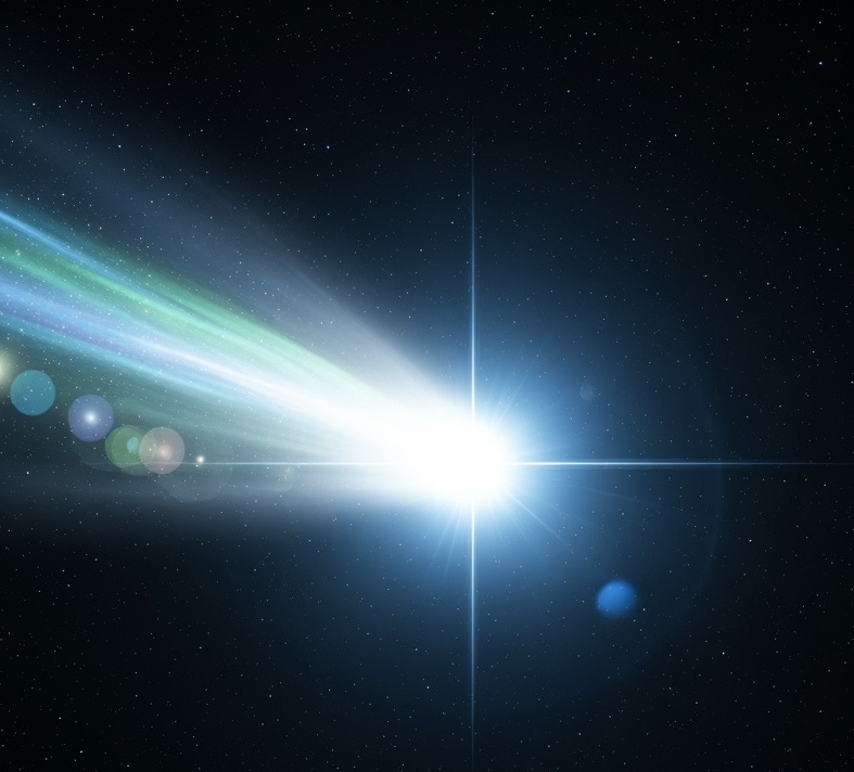 artistic rendering of glowing 3I/Atlas comet surrounded by lights