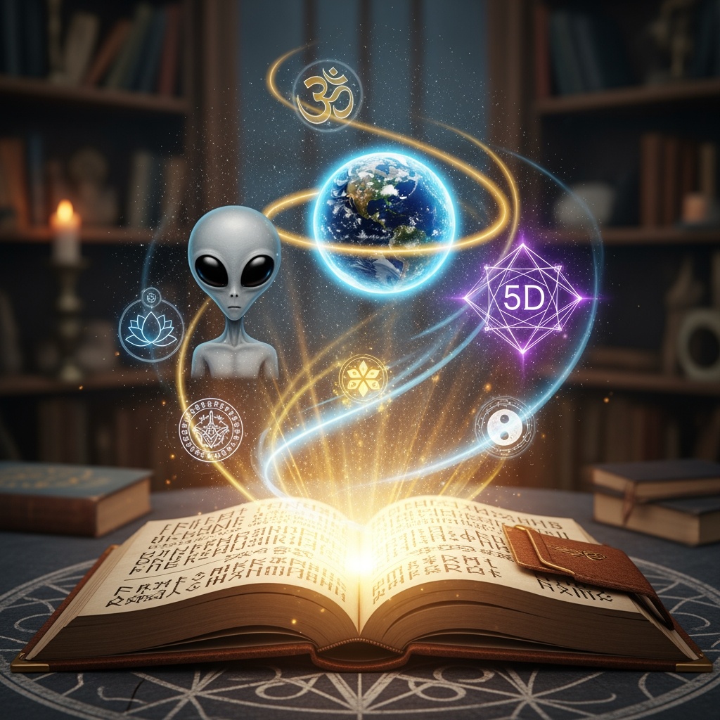 book emitting light and symbols of popular new age stories