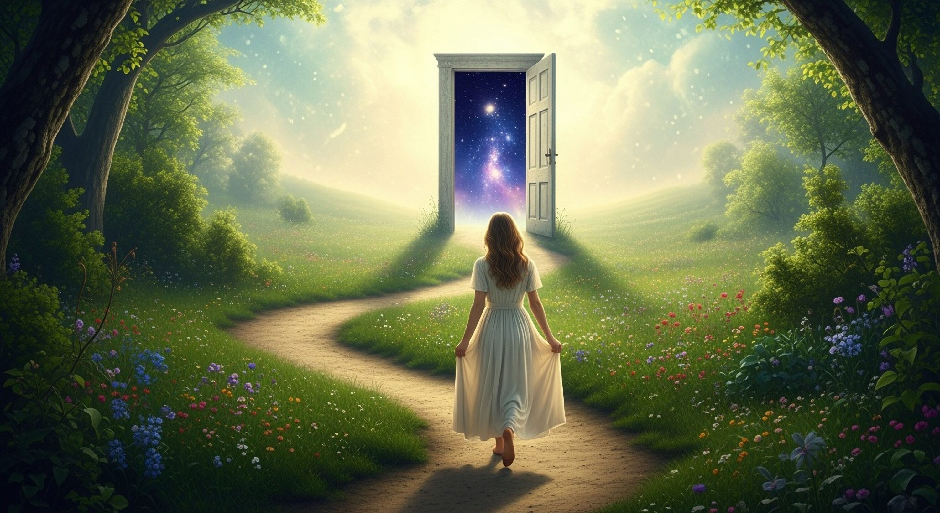 A path leading toward an open doorway filled with light