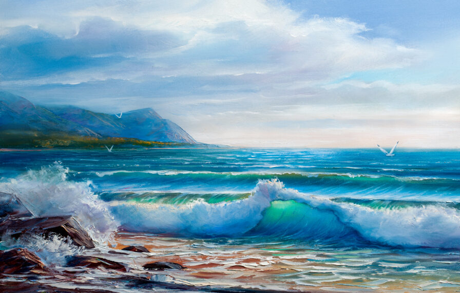 oil painting of ocean waves crashing onto a sandy beach