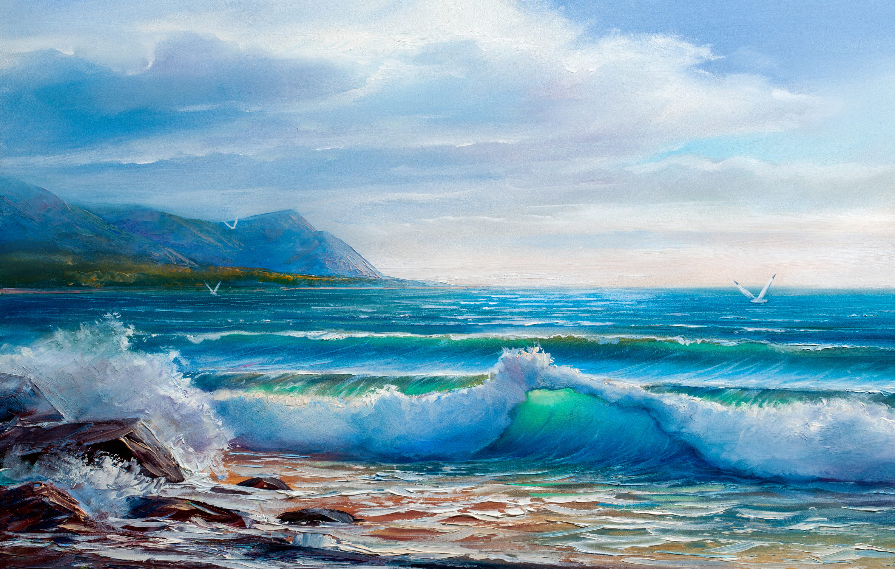 oil painting of ocean waves crashing onto a sandy beach