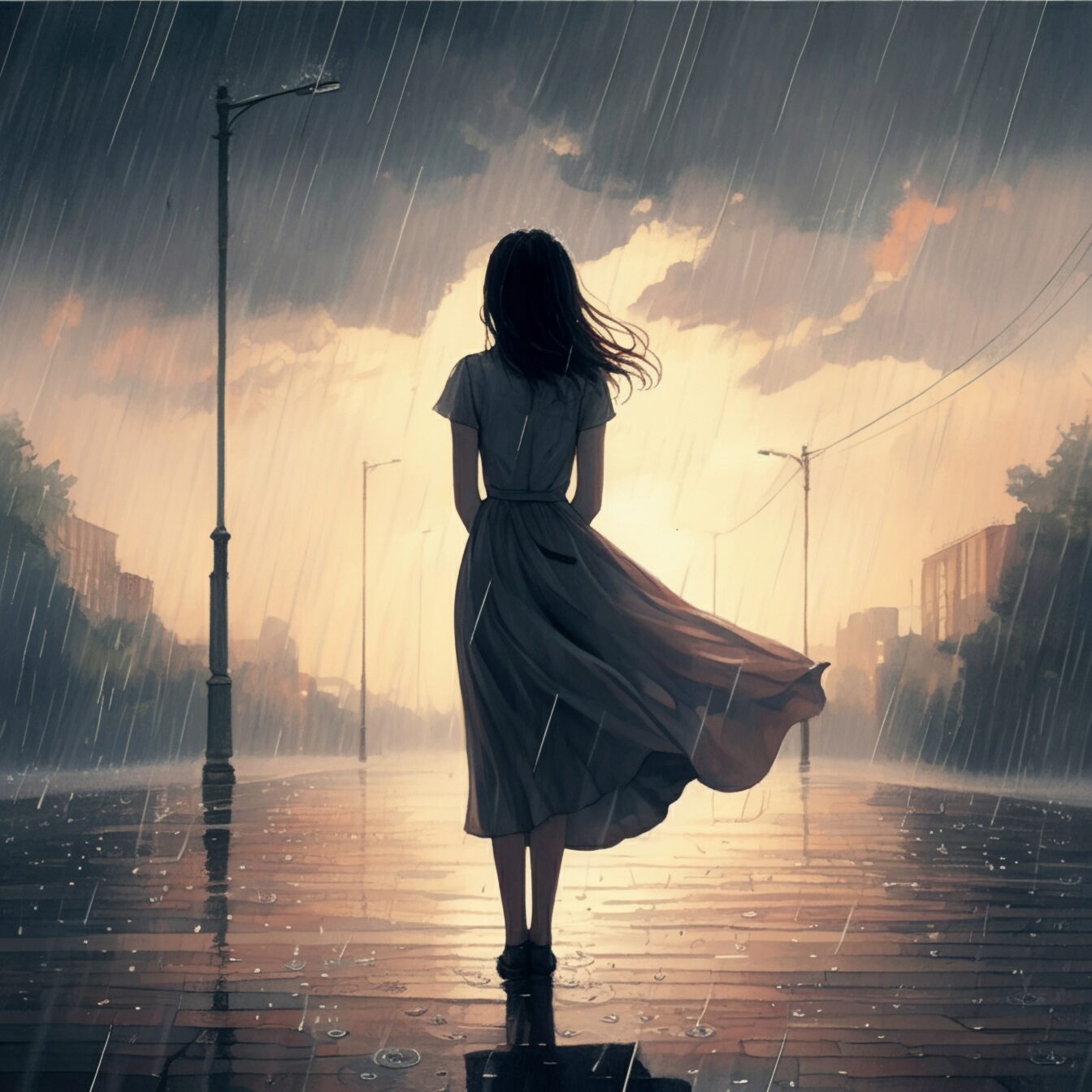 woman standing alone in the street during a rainstorm
