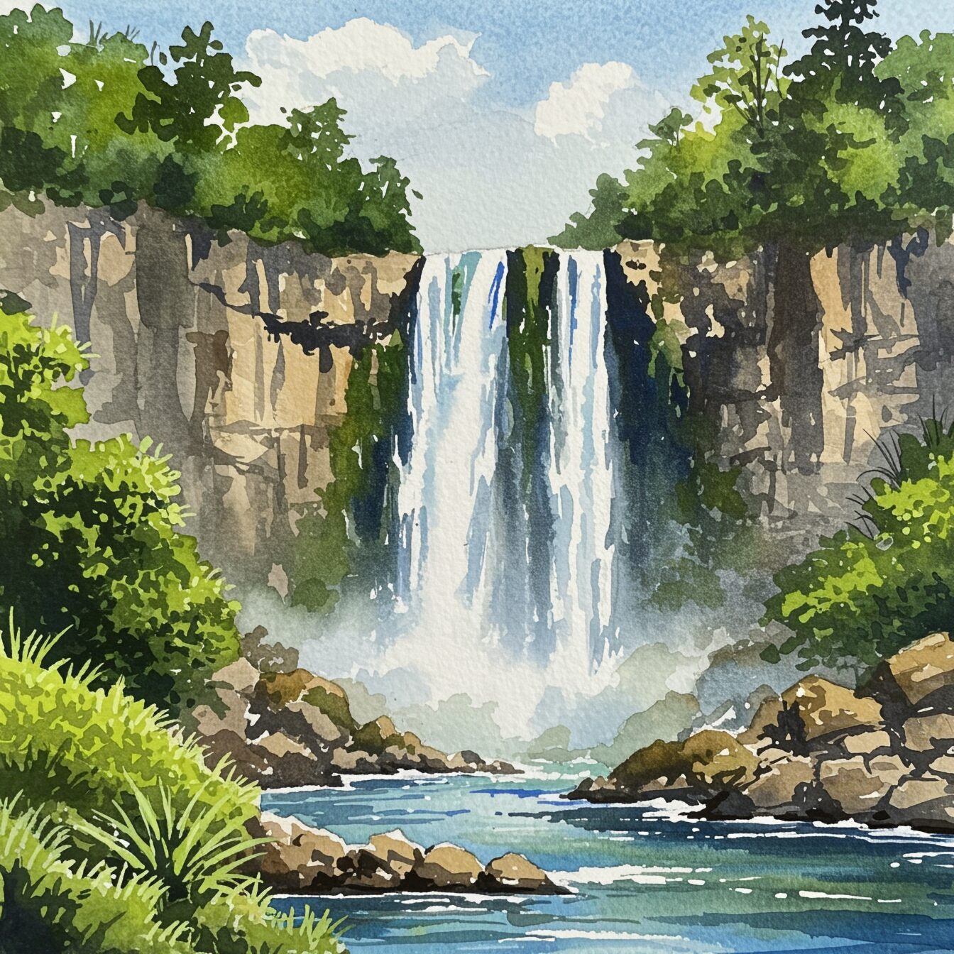 watercolor painting of a beautiful rocky waterfall