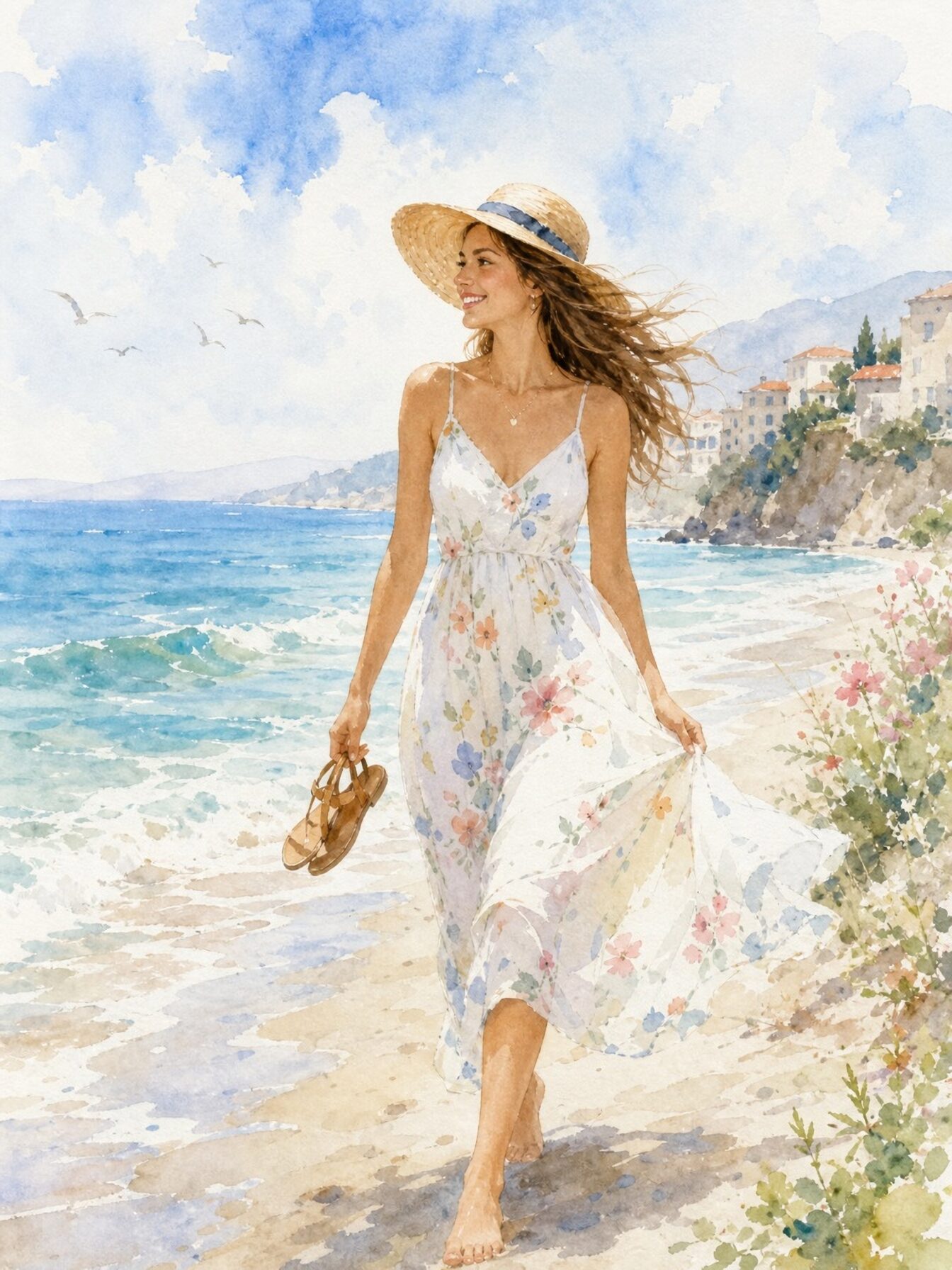 happy woman walking along the beach smiling out at the sea